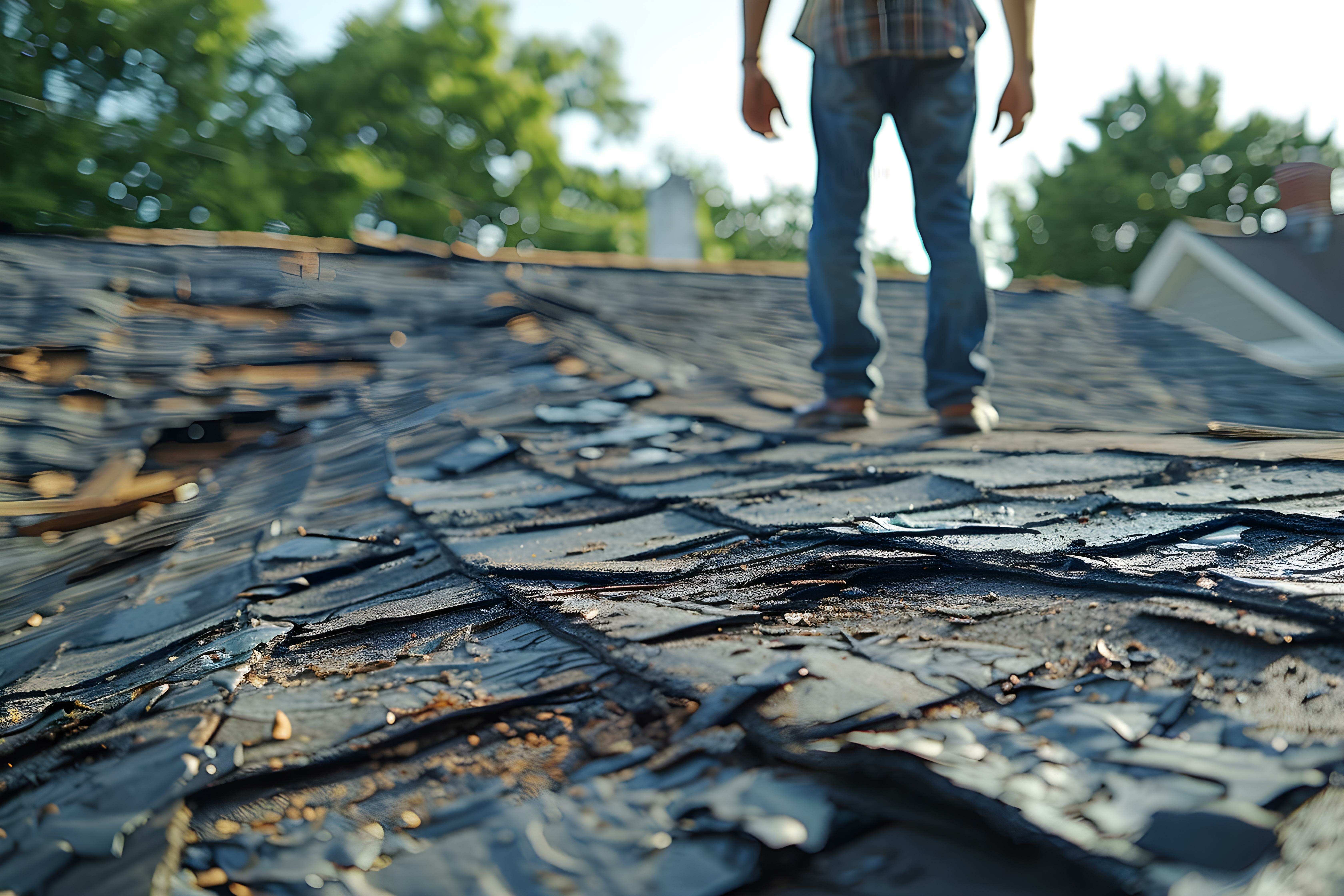 Assessing storm damage on a residential roof for insurance purposes. Concept Roof Inspection, Storm Damage Assessment, Insurance Claim Evaluation