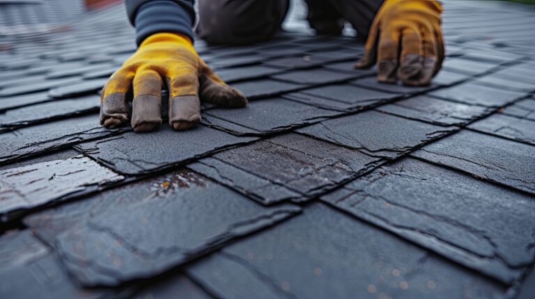 Roofer repairs damaged roof